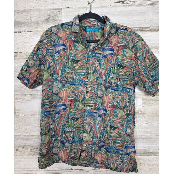 Tori Richard mens medium fish hawaiian button up shirt cotton summer beach dress - Picture 1 of 4